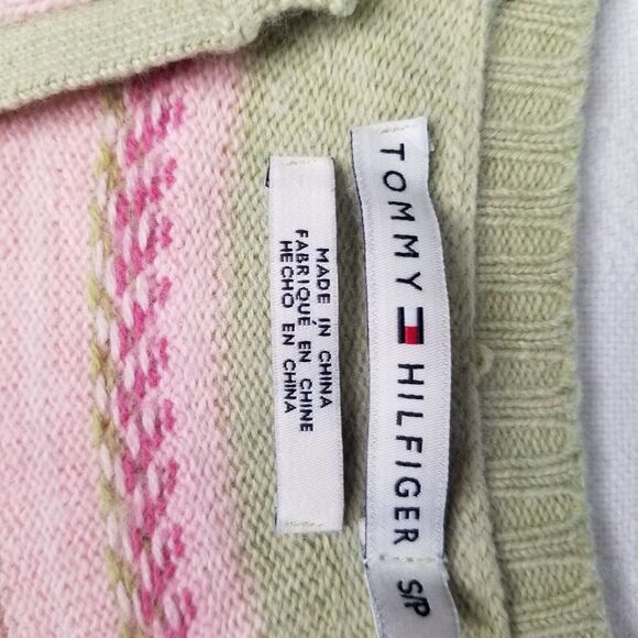 Y2K Tommy Hilfiger Nordic Fair Isle V Neck Sweater Green Pink Small Angora - Picture 4 of 10